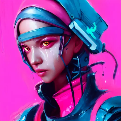 Image similar to stylized ninja - cyberpunk girl, wearing techwear and armor, in the colors hot pink and cyan, beautiful realistic face, highly detailed, digital painting, artstation, concept art, smooth, sharp focus, illustration, art by artgerm, by greg rutkowski, by jeremy mann, by francoise nielly, oil painting