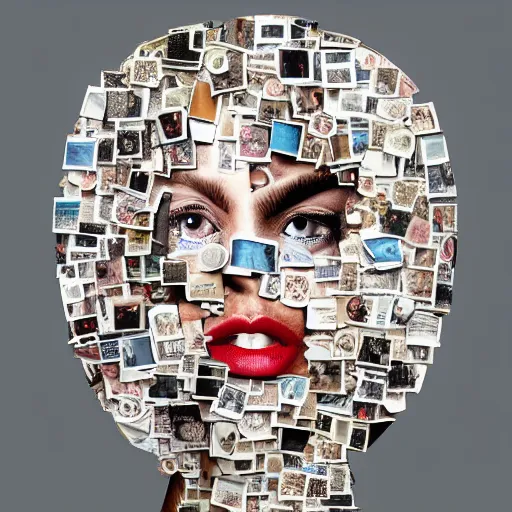 Image similar to a head-shaped chaotic collage made out of fragments of printed images taken from the internet, fashion magazines, and family photographs all coming together to form a hybrid face shape with twisted features in the Dadaesque style, mixed media