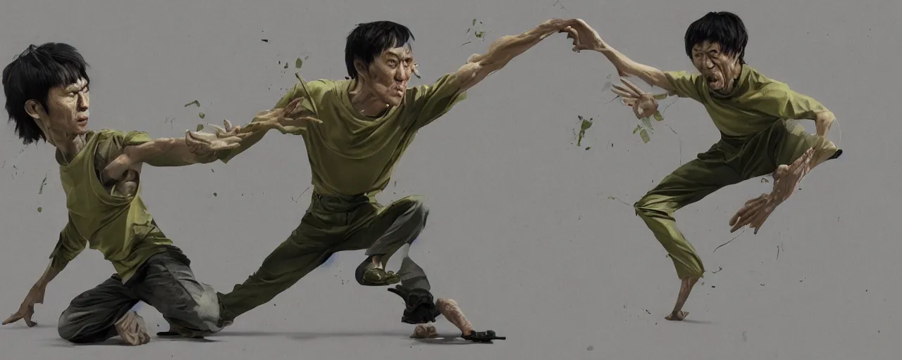 Image similar to duotone olive green grey illustration 3 / 4 portrait of gollum fighting with bruce lee. dynamic chaotic composition accidental renaissance golden ratio. by sachin teng and sergey kolesov and ruan jia and heng z. graffiti art, scifi, fantasy, hyper detailed. octane render. concept art. trending on artstation