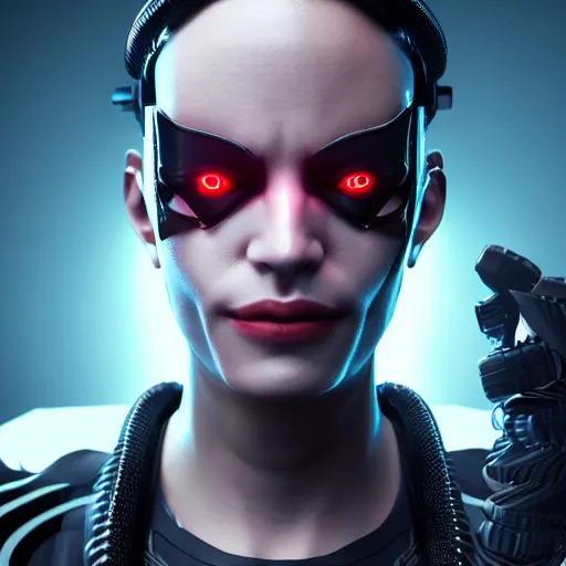 Image similar to evil cyberpunk dark lord, highly detailed, photorealistic portrait, bright studio setting, studio lighting, crisp quality and light reflections, unreal engine 5 quality render