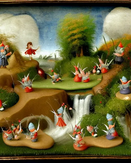 Image similar to miniature diorama painting of the garden gnomes filled with whimsical fairies dancing in a river of waterfalls falling from the cotton clouds with realistic cloud background by Bosch and Breugel