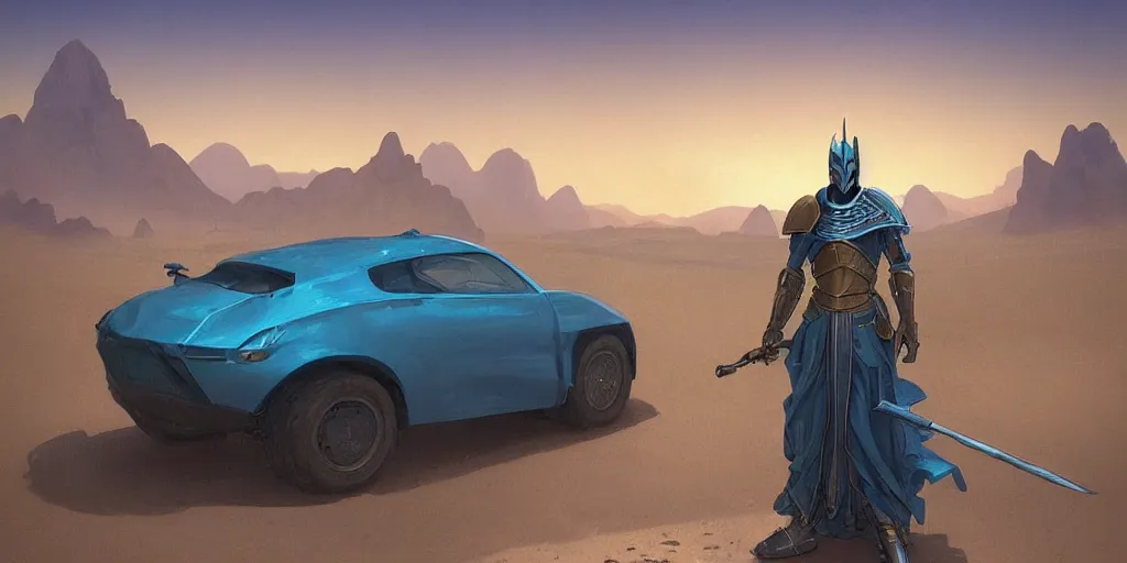 Image similar to blue and gold knight in desert standing next to green car, misty blue hour, sci fi digital painting, unreal engine 5, photorealism, hd quality, 8 k resolution, cinema 4 d, 3 d, cinematic, professional photography, art by artgerm and greg rutkowski and alphonse mucha and loish and wlop, berserk, manga