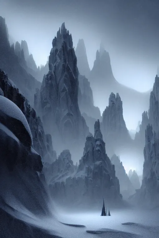 Prompt: futuristic atmosphere in the snowy mountains dolomites 3 d concept art, cinematic lighting, in the mouth of a cave, intricate details, building by zaha hadid, stormy weather, emissary space by arthur haas and bruce pennington and john schoenherr, cinematic matte painting, dark moody monochrome colors, trending on artstation, featured on behance