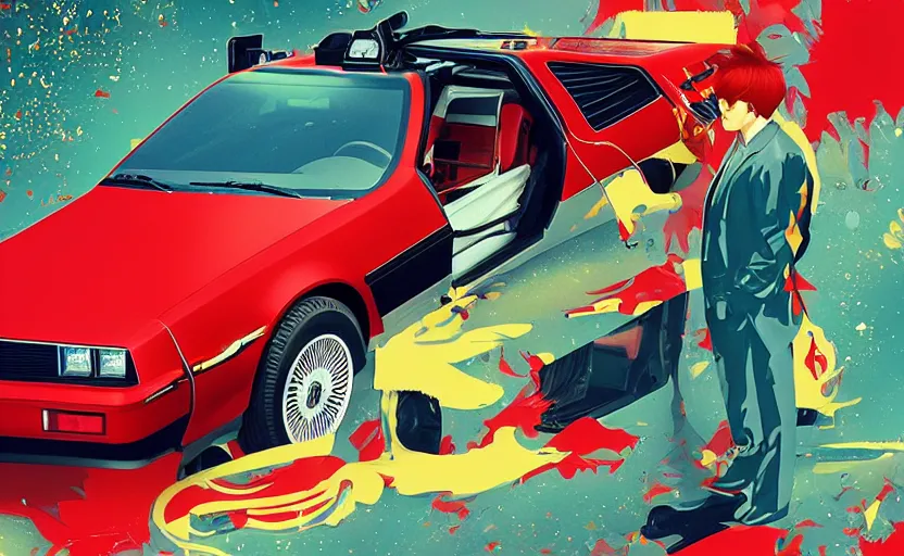 Prompt: a red delorean with a yellow tiger, art by hsiao - ron cheng & shinya edaki in a magazine collage style, # de 9 5 f 0