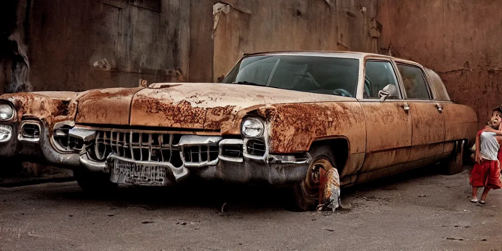 Image similar to a widescreen photo of a old rusty cadillac full with angry children, in a dark alley, low light, by steve mccurry