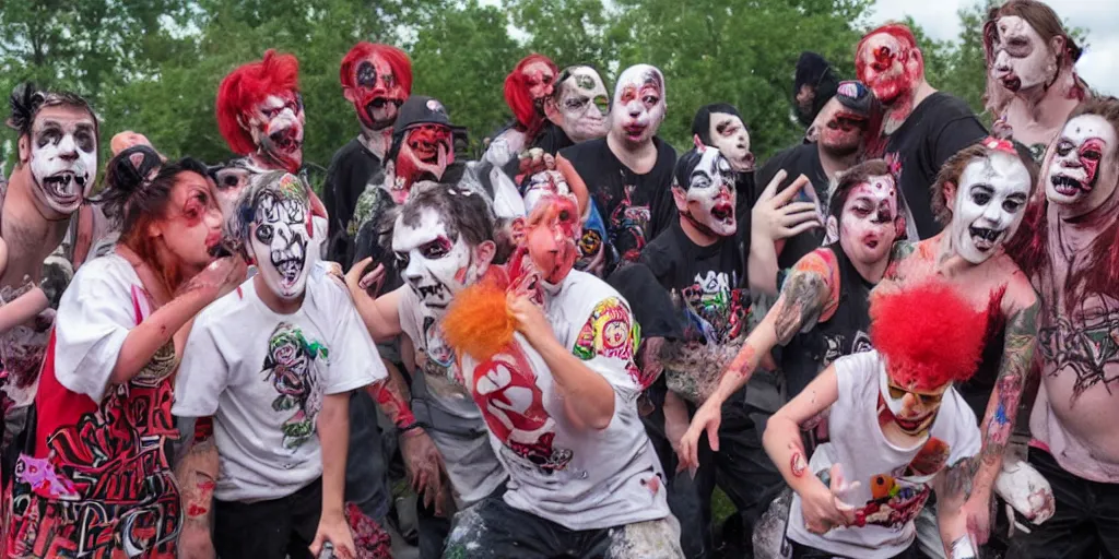 Image similar to Juggalos vs clowns school food fight, detailed facial expressions