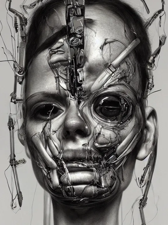 Image similar to cybernetic implants on face, metal jaw, usb port on forehead, portrait by jenny saville, pain, panic, sorrow, concern, mad