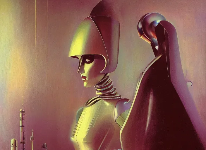 Image similar to a portrait of beautiful woman sci fi metallic human, bright eyes, melancholic complex geometric figure liminal machinery by oskar schlemmer, moebius, john berkey, film grain, oil on canvas, portrait facial head, featured on artstation, hd wallpaper, 8 k