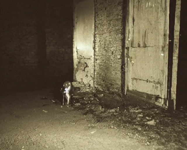 Image similar to dark abandoned hallway at night with skeletal bear, letterbox crop, widescreen, 40mm tape, technicolour film, grainy, horror