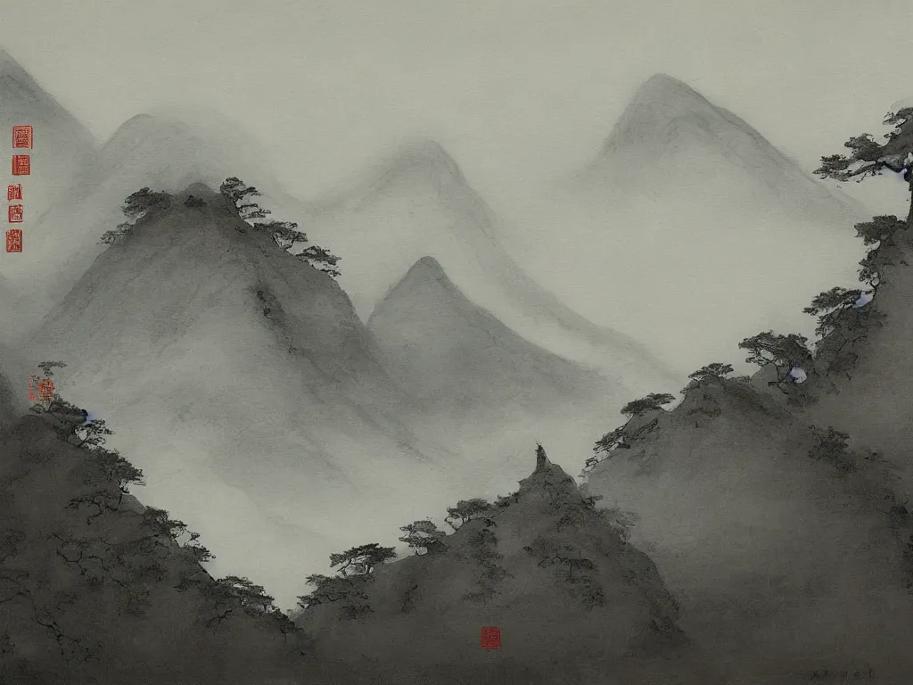 Image similar to landscape painting of wudang mountain on a foggy day by shenzhou 沈 周