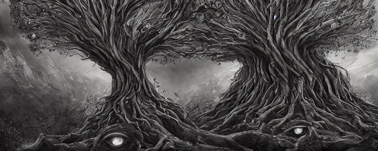 Prompt: a large tree full of eyes relinquished by the mountain, eerie, dark, large scale, breathtaking, mixed media, digital art, trending on artstation, 8k, epic composition, highly detailed, AAA graphics