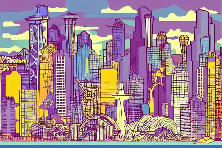 Prompt: !! vector art!! seattle in a sunny day, artwork by tooth wu, colorful contrast,!!!! very coherent!!!!, dark shadow, thick lineart