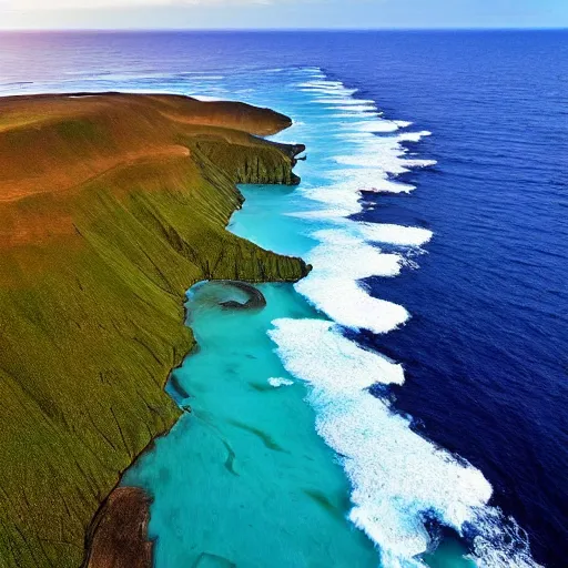 Prompt: drone photography this is a land on an unforgiving world of churning oceans and jagged coastlines. every habitable island is situated somewhere along the planet's equator where the weather is still volatile but more hospitable than any points to the north or south