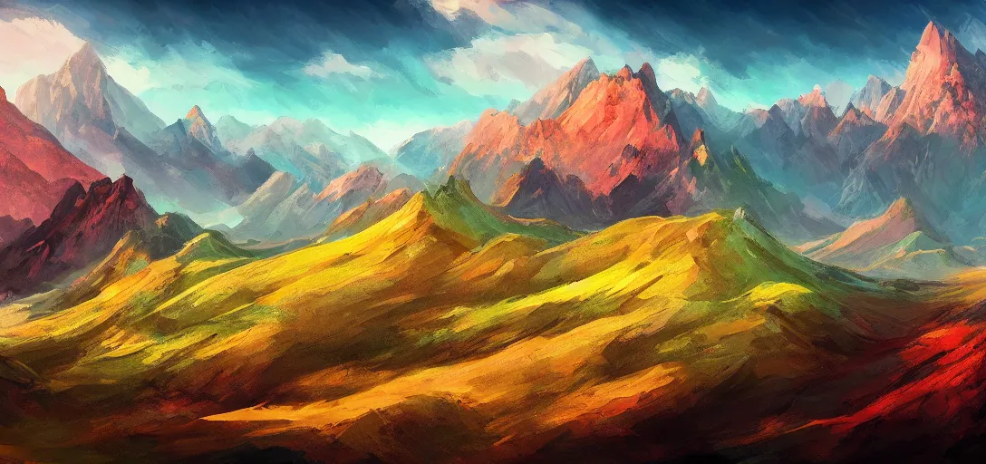 Image similar to vast mountain landscape, craggy mountains, magic the gathering, three - colors, three - color color palette, panoramic, wide angle, horizon, highly detailed