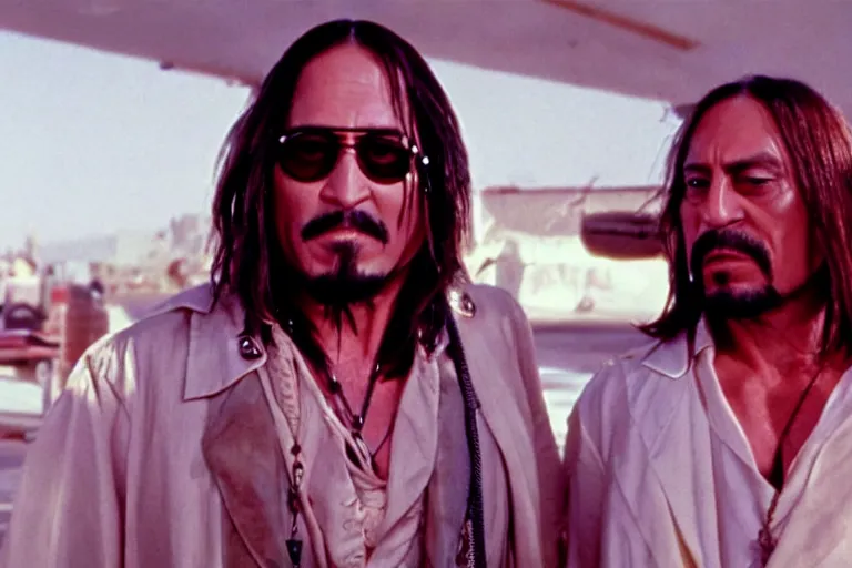 Image similar to captain sparrow and anton chigurh in fear and loathing in las vegas movie, all faces are contorted, shock, repulsion, disgust, annoyance, cinematic still, movie still, long lens, shallow depth of field, bokeh, anamorphic lens flare, 8 k