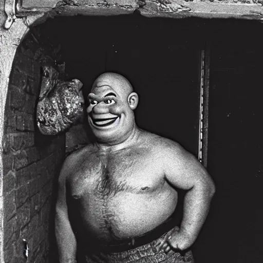 Prompt: old photo of Shrek hidden in a dark basement