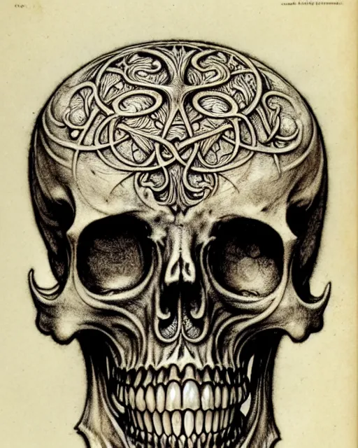 Image similar to memento mori by arthur rackham, art forms of nature by ernst haeckel, exquisitely detailed, art nouveau, gothic, ornately carved beautiful skull dominant, intricately carved antique bone, art nouveau botanicals, ornamental bone carvings, art forms of nature by ernst haeckel, horizontal symmetry, arthur rackham, ernst haeckel