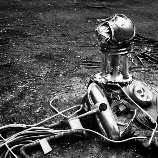 Image similar to wide angle photo of viking wearing space suit helmet and viking armor working on the antigravity gun ancient device, tools and junk on the ground,wires and lights, old village in the distance, vintage old photo, black and white, sepia