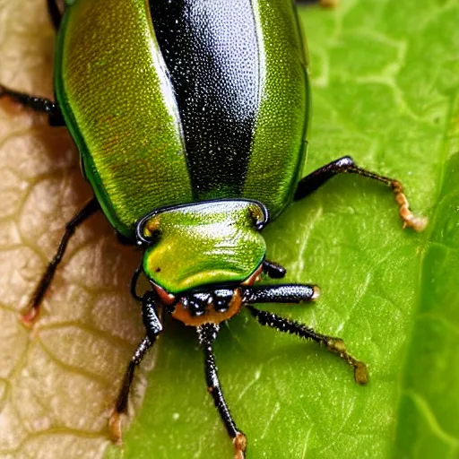 Image similar to hybrid of green beetle and snail, photorealistic, close - up