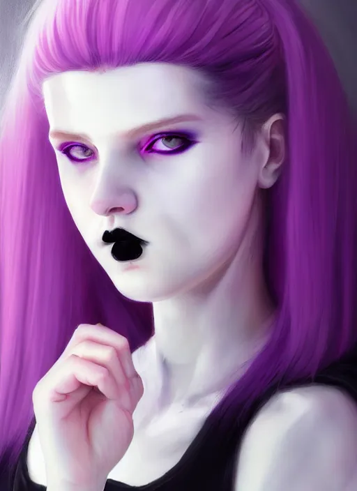 Image similar to portrait of white teenage girl, normal face, white bangs, mall goth, cyberlox, black and white hair, bangs, fluffy bangs, red contact lenses, purple lipstick, intricate, elegant, highly detailed, digital painting, artstation, concept art, sharp focus, smooth, illustration, art by wlop, mars ravelo and greg rutkowski