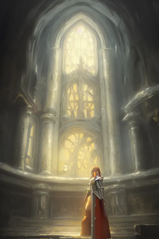 Image similar to baroque oil painting of anime key visual concept art of rustic grand stone chapel with female knight standing in the doorway wearing silver armor with gold trims, trending on artstation, brush strokes, oil on canvas, style of kawacy and makoto shinkai and greg rutkowski and studio ghibli