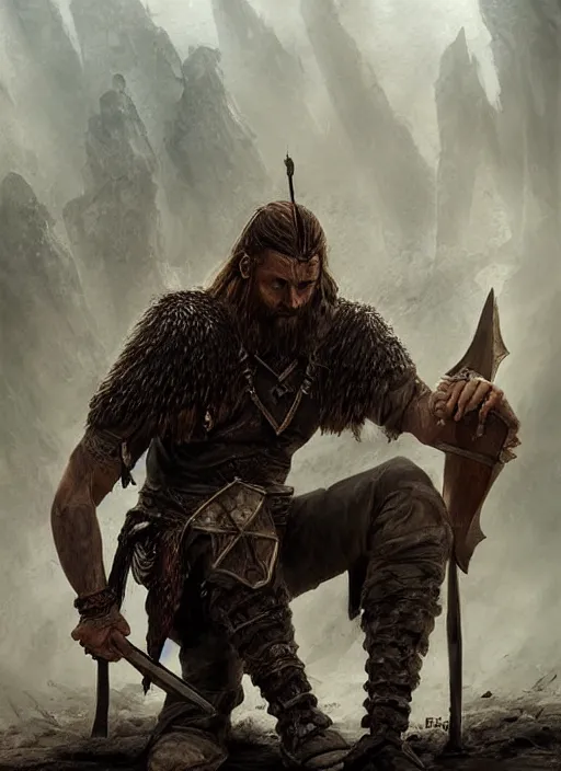 Prompt: aesthetic digital illustration of a defeated viking warrior on his knees by anne stokes, greg rutkowski, and brian belle din | dirty and bloody, concept art, character concept, matte background. unreal engine, finalrender, centered, deviantart, artgerm