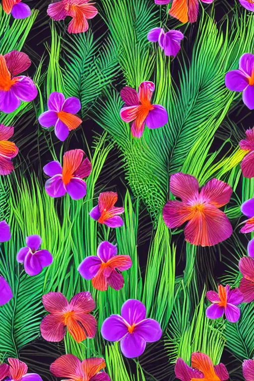 Prompt: sombre detailed vector illustration of photorealistic tropical flowers and green reeds, multiple cohesive colors ranging from warms purples to bright oranges on a ((very dark black background)), 4K resolution, trending on artstation, hd wallpaper