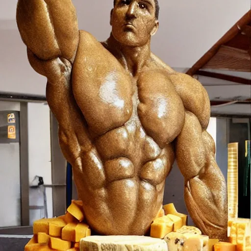 Image similar to Sculpture of a bodybuilder made entirely from cheese, by Antoni Gaudi