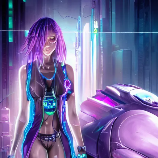 Image similar to A beautiful painting of a cyberpunk anime girl with purple hair and an a huge robot arm sensual stare, augmentations and cybernetic enhancements neon circuits, by Stanley Artgerm Lau, WLOP, Rossdraws, James Jean, Andrei Riabovitchev, Marc Simonetti, and Sakimichan, trending on artstation, hyperrealist, cinema4D, 8k highly detailed ❤️‍🔥 🔥 💀 🤖 🚀