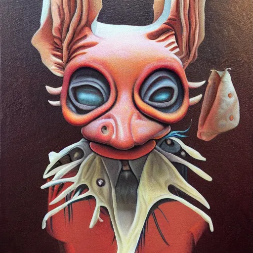 Prompt: man wearing axolotl mask. detailed painting by derek riggs.