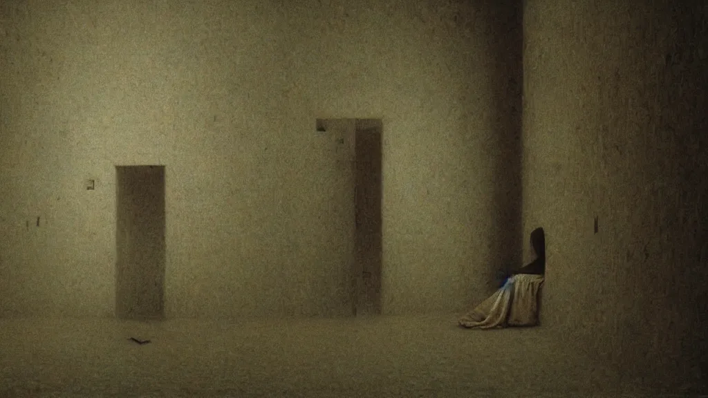 Image similar to trapped in the alone room by Zdzisław Beksiński, IMAX quality, film still, cinematic