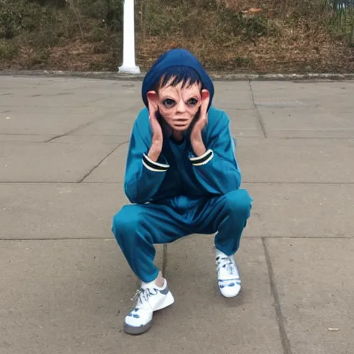 Prompt: gollum - faced kid in adidas tracksuit smokes cigarette