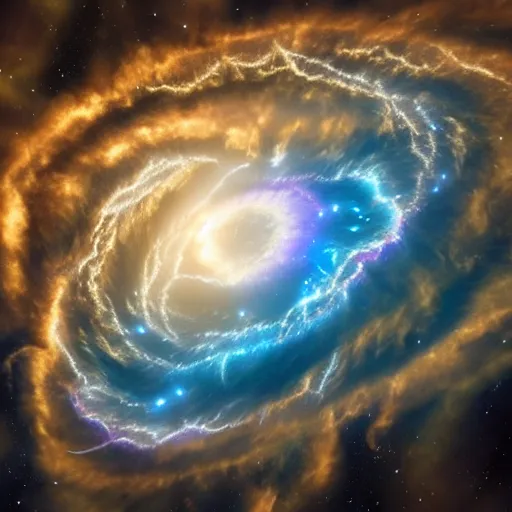 Image similar to nebula made of lightning, planets, shore, twister, 4 k