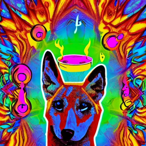 Prompt: a dingo who is a psychedelic music DJ. He has a house for a body. There are candles all around. He is tripping on LSD. Light is reminiscent of a foul smell. Cinematic. Word salad, realistic, detailed.
