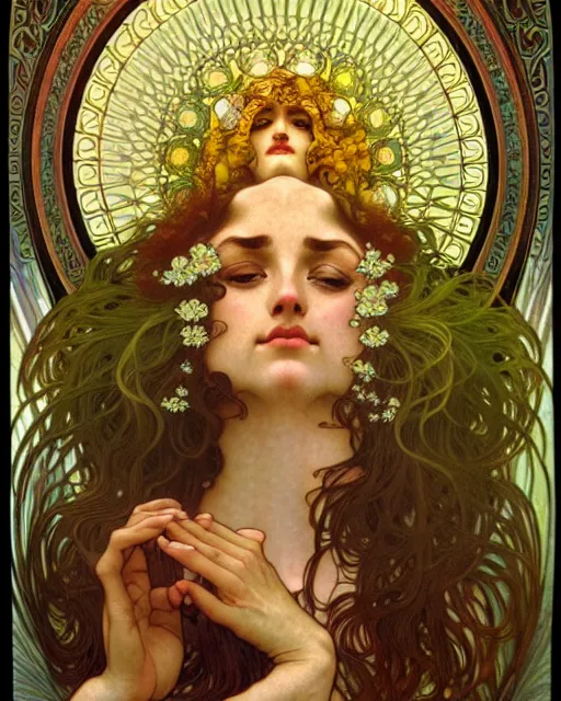 Image similar to goddess of nature, unusual beauty, emotionally evoking symbolic metaphors, head in focus, fantasy, ornamental, intricate, elegant, sensual, highly detailed digital painting, artstation, concept art, painterly, golden ratio, sharp focus, illustration, art by Alphonse Mucha and Zdzisław Beksiński,