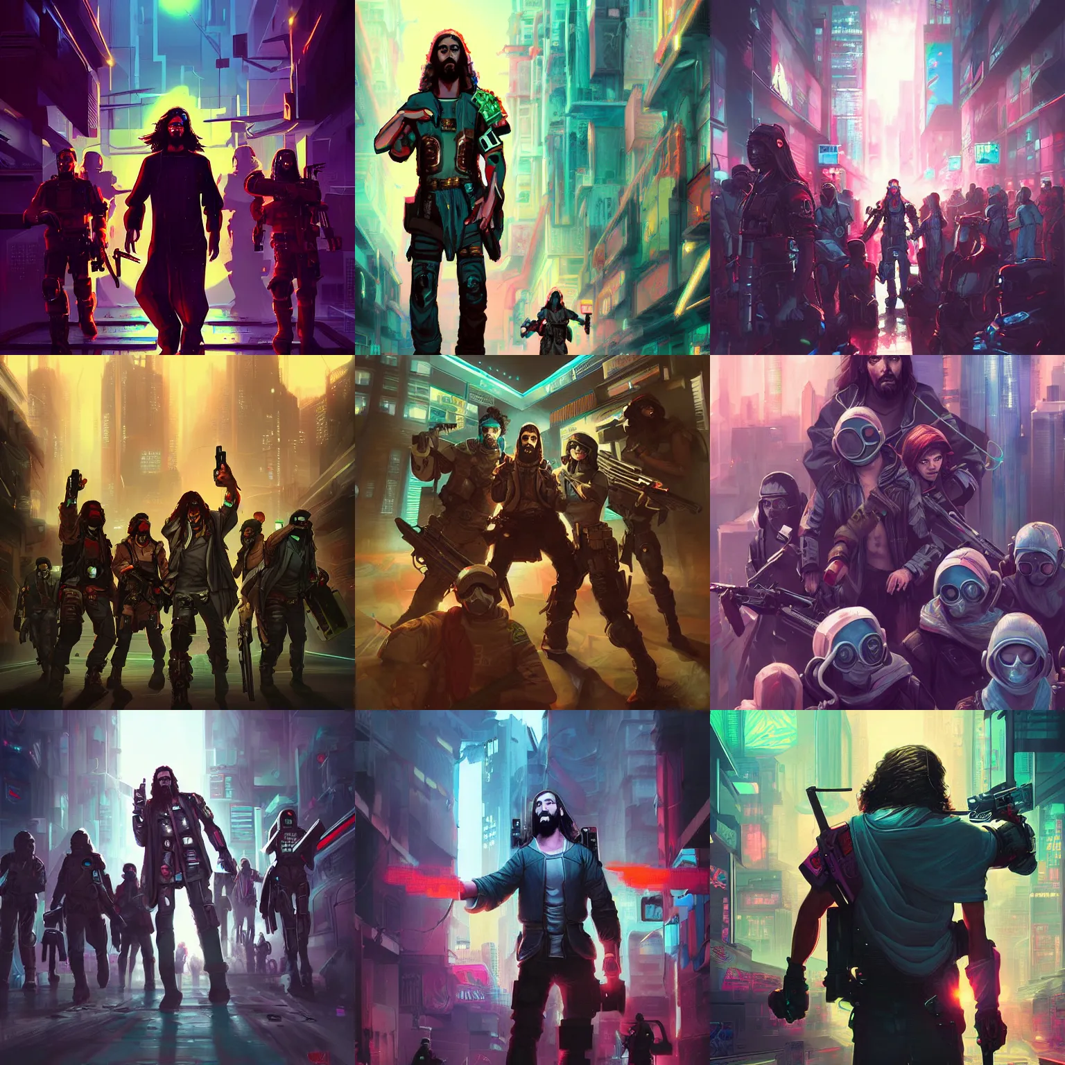 Prompt: a cyberpunk painting of Jesus leading resistance fighters by Ross Tran, highly detailed digital art, deviantart