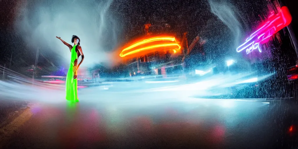 Image similar to fisheye lens slow motion with trail effect of futuristic break dancer wearing floating long dress with neon lights, long exposure shot , at night in the middle of a rainy wet street, paddle of water, steam, fog, water splashes, rim lights, glossy reflections, water droplets on lens, octane render, dark and dramatic, fire explosions in the background, detailed and soft, fisheye lens, smooth, sharp focus, illustration, art by artgerm and greg rutkowski and Annie Leibovitz, graphic glitches