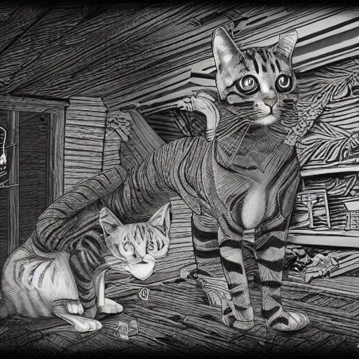 Prompt: an orange tabby cat and a bengal cat chasing ghosts in an attic, intricate, detailed, spooky, masterpiece, trending on artstation, digital art