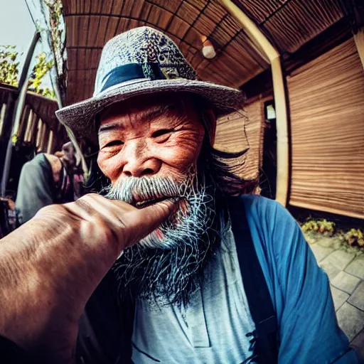 Image similar to Fisheye selfie of an old japanese man with long beard