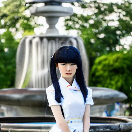 Image similar to a full body portrait of a young Japanese maid standing in front of a fountain in a park, 8k, cinematic, photo taken with Sony a7R camera, by William-Adolphe