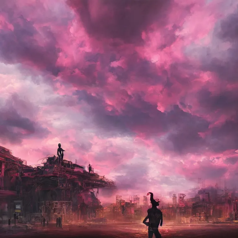 Prompt: oil painting, rich deep colors masterpiece, pink, people with mohawks, punk, neon, ultra detailed, contrast, heaven pink, arches, clouds, sky, volumetric light, atmospheric lighting, dramatic, cinematic, steampunk, moody, octane render 4 k, 8 k