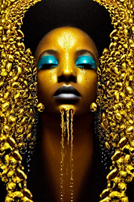 Image similar to hyperrealistic post - dada cinematic very expressive! profile black oshun goddess, head emerging from water!!, mirror dripping droplet!, gold flowers, highly detailed face, digital art masterpiece, smooth eric zener cam de leon, dynamic pearlescent teal light, low angle uhd 8 k, sharp focus
