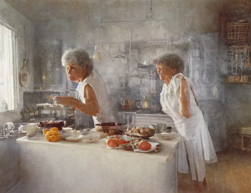 Image similar to grandmother cooking in a kitchen in country house, back view, cottage core, cinematic focus, polaroid photo bleached vintage pastel colors high - key lighting, soft lights, foggy, by steve hanks, by lisa yuskavage, by serov valentin, by tarkovsky, 8 k render, detailed, oil on canvas