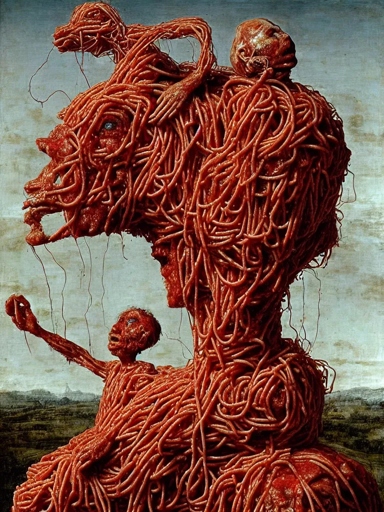 Prompt: a boy made of spaghetti and tomato sauce, sitting on top of a horse made of meat, by giuseppe arcimboldo and ambrosius benson, renaissance, intricate and intense oil paint, a touch of beksinski and hr giger and edward munch, realistic