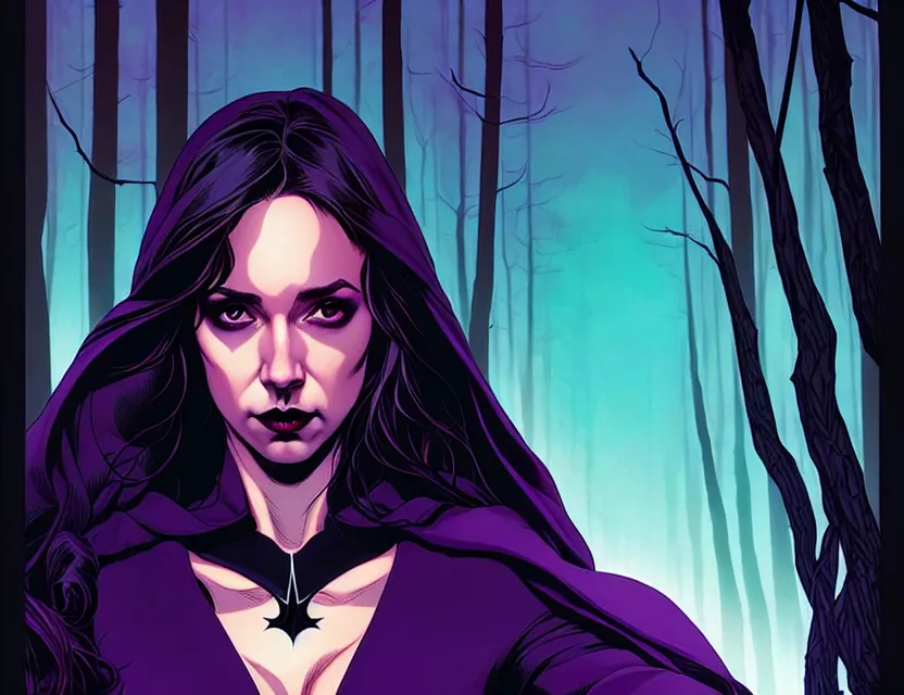 Image similar to Rafael Albuquerque comic cover art, artgerm, Joshua Middleton, pretty Stella Maeve witch doing black magic, serious look, purple dress, symmetrical eyes, symmetrical face, long black hair, full body, dark forest in the background, cool colors