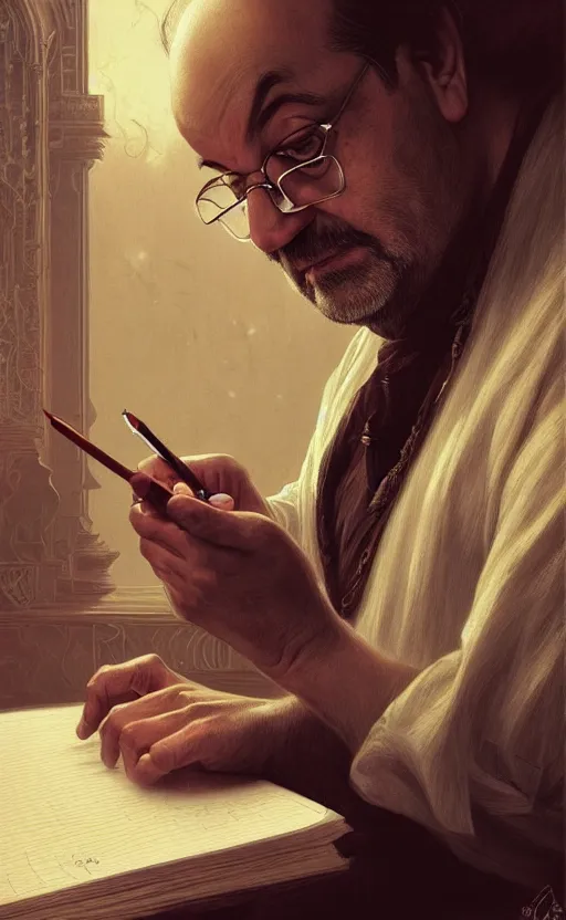 Image similar to portrait of salman rushdie writing, deep focus, d & d, fantasy, intricate, elegant, highly detailed, digital painting, artstation, concept art, matte, sharp focus, illustration, art by artgerm and greg rutkowski and alphonse mucha