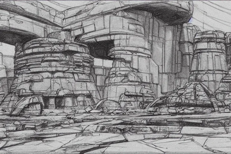 Prompt: ancient martian ruin concept sketch by joe johnston and nilo rodis - jamero and ralph mcquarrie and norman reynolds