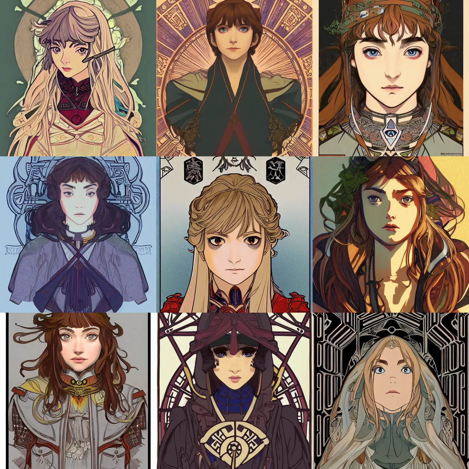 Prompt: front facing symmetrical centered painted portrait, Imogen Poots as a D&D Paladin, RPG character avatar, fantasy, defined facial features, highly detailed, cel illustration, Kyoto Animation and Studio Ghibli anime screenshot, by Ilya Kuvshinov and Alphonse Mucha