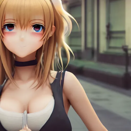 Image similar to a very beautiful 3d anime girl on the street, unreal engine 5 4k render, hazler eyes, cute smile, incredibly high detailed, studio quality, trending on artstation, medium shot, long blonde hair