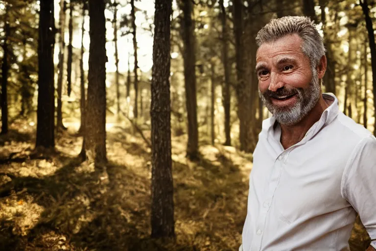 Image similar to a cinematic portrait of a middle aged man with golden teeth, forest background, wearing a white rugged shirt, dramatic lighting, back light, hair light, rim light, 4 k, ultra realistic, by clemens ascher